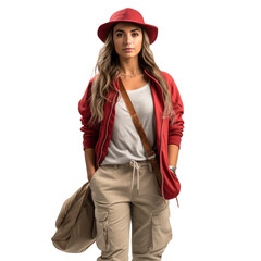 Fototapeta premium Woman travelling in nature, backpack and other items. Transparent background. Generative AI