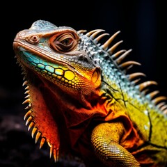 Portrait of colored iguana in profile on a black background. Exotic iguana.