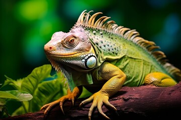 Fototapeta premium Portrait of green iguana in profile on a green background. Exotic iguana.