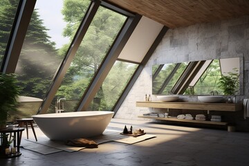 Amazing Interior Design of a Modern Bathroom with a Huge Window with the view of the Nature.
