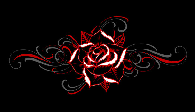 abstract Pinstriping scroll red rose black background