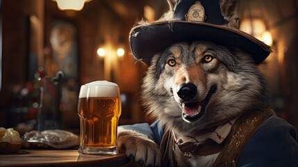Wolf drinking a large beer mug in traditional Oktoberfest attire. Generative AI - obrazy, fototapety, plakaty