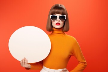 Retro 1960s Woman  with Sunglasses and a Turtleneck Holding a Blank Sign on a Orange Background with Space for Copy
