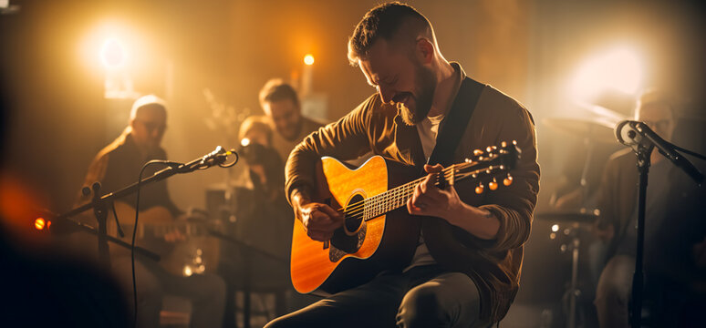 Music band group perform on a concert stage. Guitarist on stage for background, soft and blur concept. Music band performing in a recording studio. digital ai