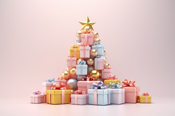 Christmas tree and festive gifts on pastel pink background. Xmas holiday. Copy space. Generative AI.