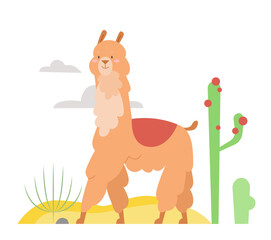 Walking cute llama animal. Mexican alpaca, camel family llama vector illustration