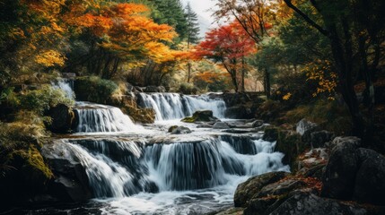 photograph of a cascading waterfall surrounded by lush autumn foliage