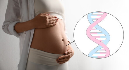 Noninvasive prenatal testing (NIPT), banner design. Pregnant woman on white background, closeup. Illustration of baby's DNA structure © New Africa