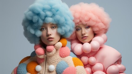 Fototapeta na wymiar Two girls wearing big blue and pink wigs posing for a fashion magazine. wearing big jumpers in pastel colors. Generative AI
