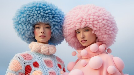 Fototapeta premium Girls wearing big blue and pink wigs posing for a fashion magazine. wearing big jumpers in pastel colors. Generative AI