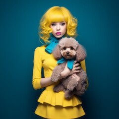 A beautiful young woman with yellow hair wearing a yellow dress holding a small puddle. Blue background. Animal lover, Generative AI