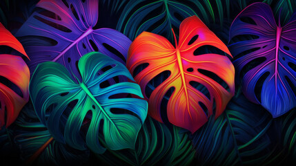 A vibrant collection of tropical leaves against a striking black backdrop