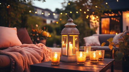 cozy cafe  terrace outside ,blurred lantern candle light, soft sofa flowers and trees in garden ,cozy house  atmosfear on evening  - 631643442