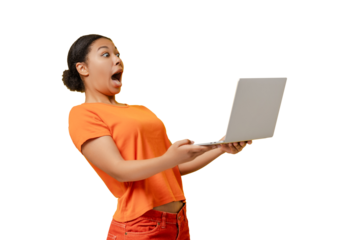 Excited African American woman using laptop computer, watching videos with fast internet isolated on transparent  background