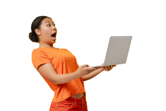 Excited African American woman using laptop computer, watching videos with fast internet isolated on transparent  background