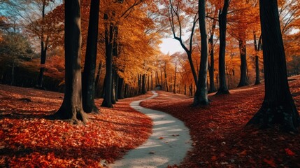 winding forest path covered in a carpet of vibrant orange and red leaves