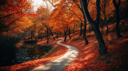 winding forest path covered in a carpet of vibrant orange and red leaves