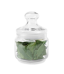 Glass container with bay leaves on white background