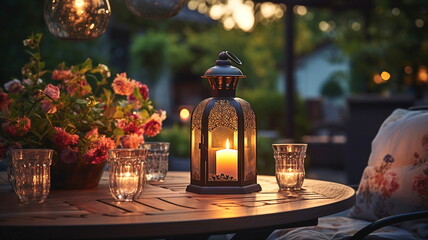 Fototapeta na wymiar cozy cafe terrace outside ,blurred lantern candle light, soft sofa flowers and trees in garden ,cozy house atmosfear on evening 