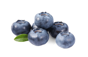 Pile of fresh ripe blueberries and leaves isolated on white
