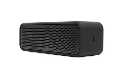 One black portable bluetooth speaker isolated on white. Audio equipment