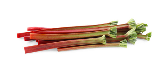 Heap of fresh rhubarb stalks isolated on white