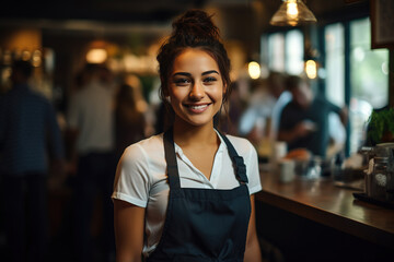 Happy female barista coffee in a cafe - obrazy, fototapety, plakaty