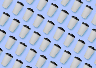Fototapeta premium To-go drink. Pattern design with paper coffee cup on light blue
