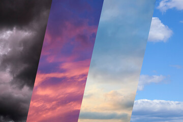 Photos of sky during different weather, collage. Meteorology, forecast, climate change