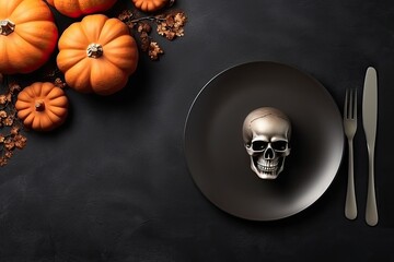 Halloween table setting with skull, pumpkins, spider and candles on black background. Copy space. View from above. Generative AI.