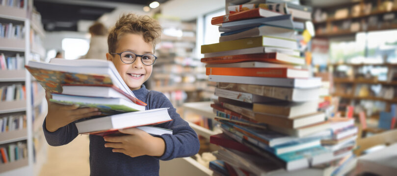A excited child holding a stack of books in his arms in a bookstore, getting ready for the new school year with enthusiasm and new books,back to school concept