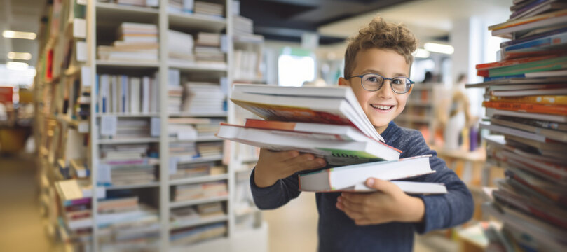 An excited child hugs books in a bookstore, choosing the best books for the new school year at the bookstore, and buying new school supplies,copy space,back to school concept