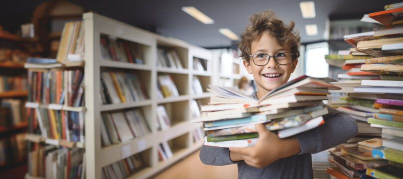 An excited child hugs books in a bookstore, choosing the best books for the new school year at the bookstore, and buying new school supplies,back to school concept,copy space