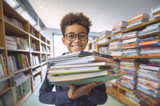 The arms of a child get filled with books in a bookstore, showing his excitement, starting the school year with enthusiasm and new expectations at the bookstore,back to school concept