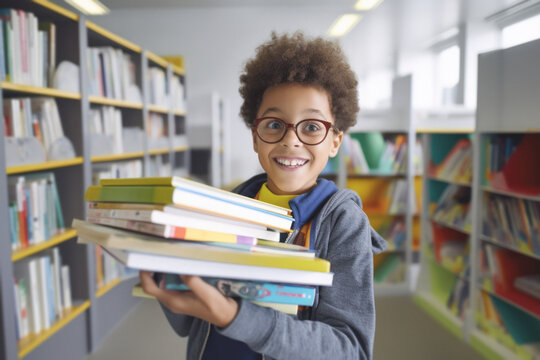 A smiling boy grabs a stack of books in a bookstore, acquiring new knowledge for the new school year with excitement and new friends,back to school concept
