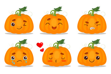 Set collection of halloween kawaii cute pumpkin icons isolated on white background. Vector illustration.