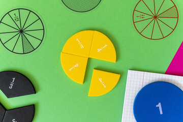 Colorful math fractions, numbers, letters on green magenta background. Interesting, fun, creative...