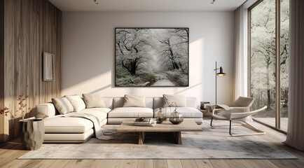 salón moderno con sofá y cristaleria el exterior generativa IA - obrazy, fototapety, plakaty