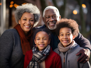 Casual outdoor portrait of black family of grandparents with grandson and granddaughter. All are looking at the camera and smiling.