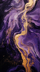 An abstract painting with vibrant gold and purple colors