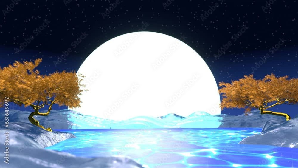 Wall mural full moon and half emerging surface of the lake. there are icebergs. fantasy full moon golden tree b