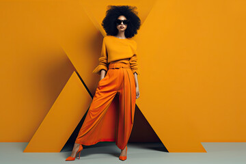 Attractive black woman in monochrome autumn outfit, orange color clothes. Copy space. Generative AI.