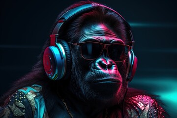 Huge Gorilla with Headphones and sunglasses in a Colorful Background.