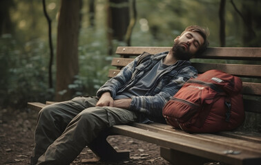 Homeless beggar man with a bag lying on bench outdoors in city, sleeping rough in a park curled up against the cold autumn weather on a rustic wooden bench.