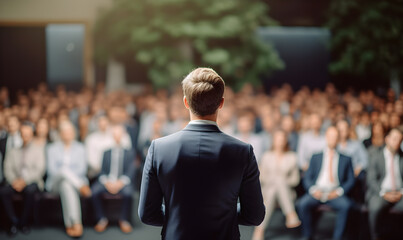 Fototapeta premium A Businessman speaking a talk on corporate business conference with defocused blurred audience. Business and entrepreneurship event. Speaker giving speech to audience in conference hall auditorium.