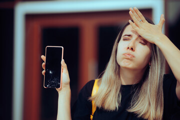 Stressed Woman Checking her broken Phone Feeling Desperate. Unhappy desperate girl damaging the...