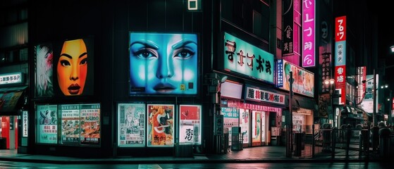 Tokyo, Japan Advertisement billboards and signs on nightlife district. The area is an entertainment and red-light district. A night of the neon street at the downtown wide shot.