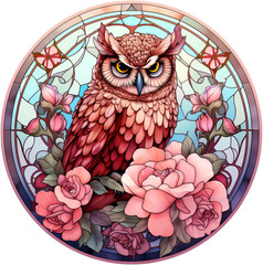Round stained-glass illustration of an owl in a stained glass/mosaic frame. AI-generated art.