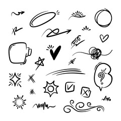 Hand drawn vector collection of diamonds, paper boats, paper boats, question marks, check marks and more.