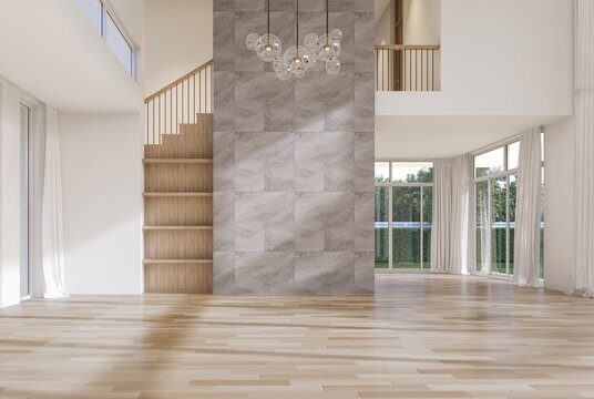 Modern contemporary style  high empty room with garden view 3d render,There are blank marble tile wall for copy space sunlight into the room large glass window overlooking nature view.